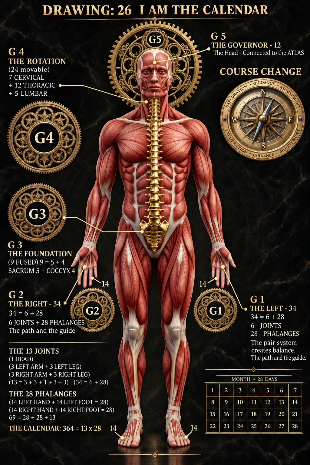 Drawing 26 — I Am the Calendar anatomical framework